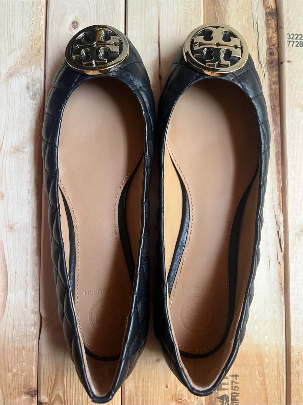 Tory Burch Black Quilted Leather Logo Ballet Flats with Gold Medallion